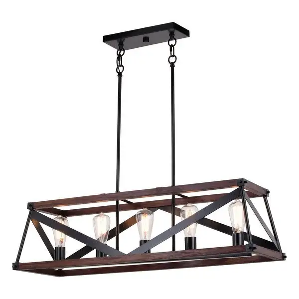 Wade 5L Black and Wood Rustic Cage Linear Chandelier Island Pendant Light Fixture - 36.75-in. W x 10.75-in. H x 12.75-in. D Shopping - The Best Deals on Chandeliers