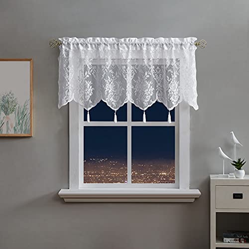 WARM HOME DESIGNS White Color 54” (W) x 22” (L) Semi Sheer Lace Kitchen Valance with 4 Tassels. Café Tiers Also Look Great in Dining or Living Rooms.