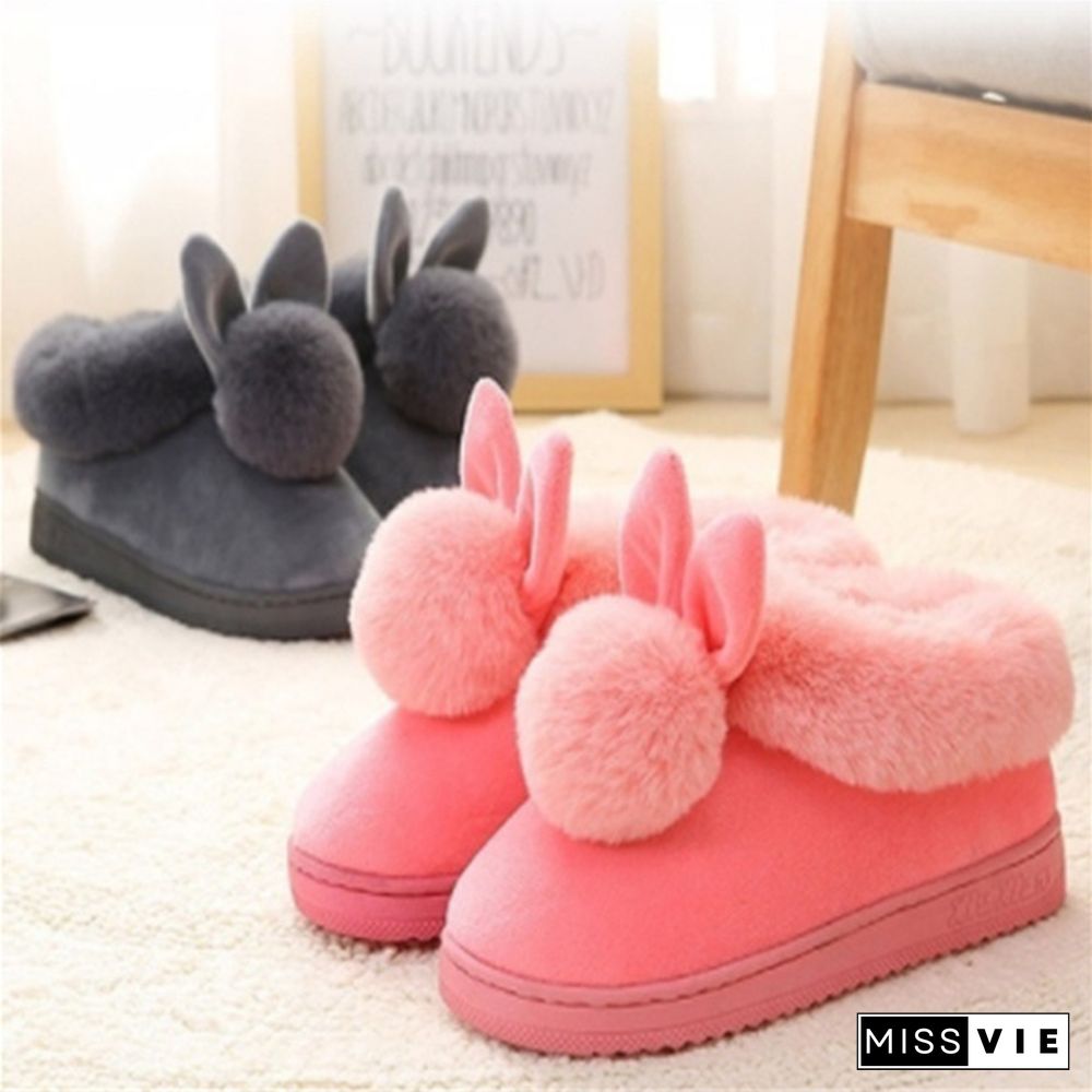 Winter Cute Rabbit Hair Indoor Warm Non-Slip Cotton Slippers Winter Women Shoes