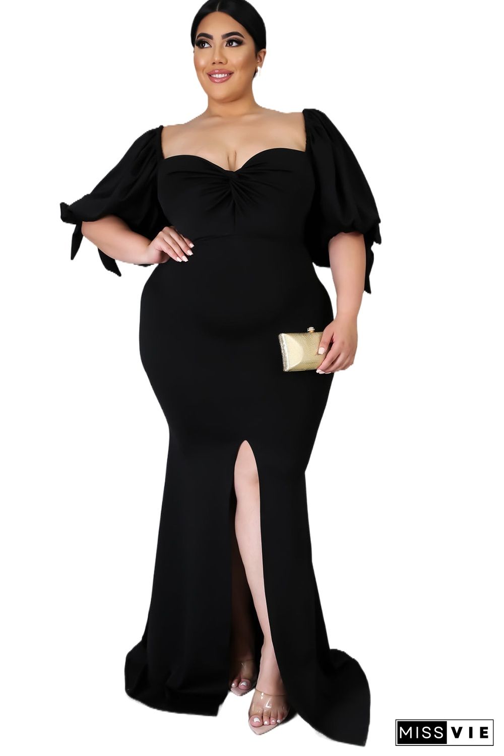 Black Bow Tie Puff Sleeve Plus Size High Slit Maxi Dress