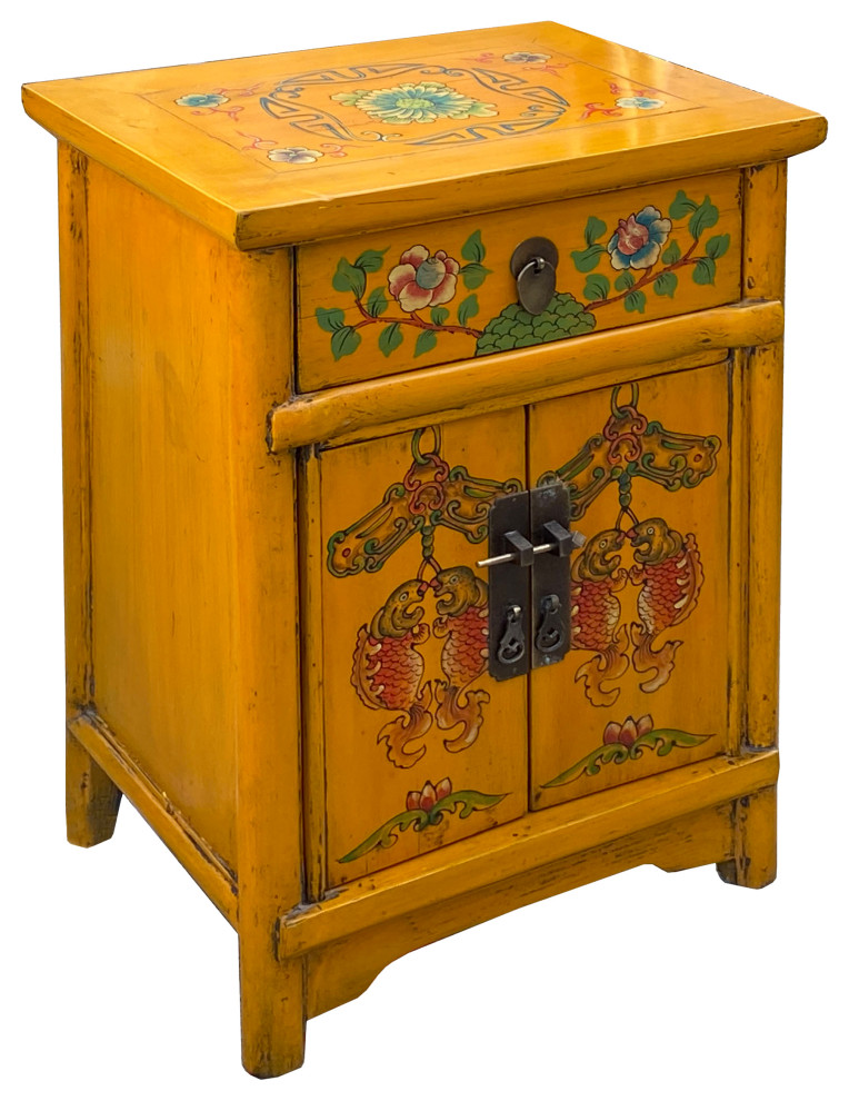 Chinese Distressed Mango Yellow Fishes Graphic End Table Nightstand Hcs7186   Asian   Side Tables And End Tables   by Golden Lotus Antiques  Houzz