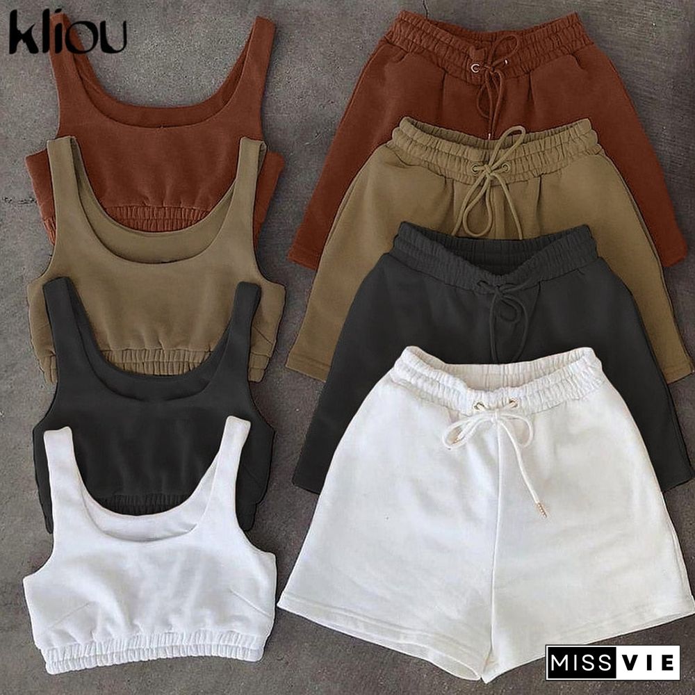 Kliou Casual Solid Sportswear Two Piece Sets Women Crop Top And Drawstring Shorts Matching Set Summer Athleisure Outfits