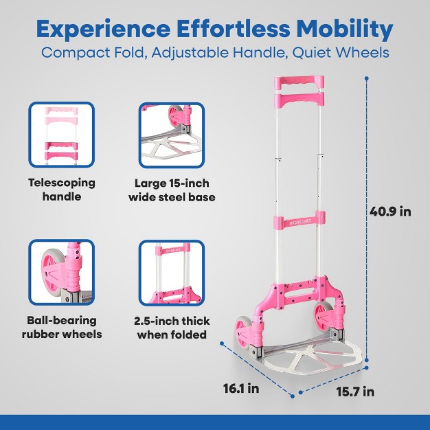 Magna Cart Personal Mcx Folding Aluminum Luggage Hand Truck Cart With Telescoping Handle And Ball Bearing Rubber Wheels 150 Pound Capacity Pink