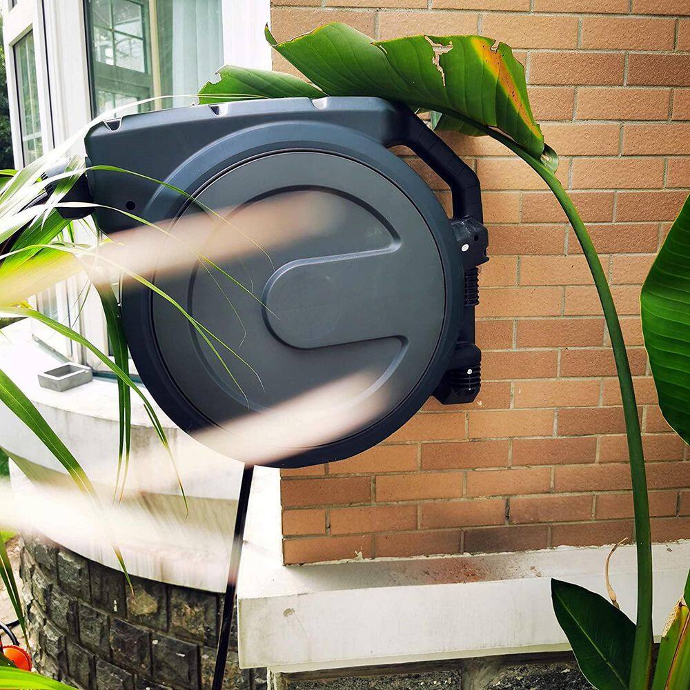Wall Mounted Retractable Hose Reel 58 in. x 90 ft. Heavy-Duty Auto Rewind Lock Any Length Dark Grey B084VLRC9D