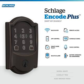 Schlage Camelot Aged Bronze Electronic Encode Plus Smart WiFi Deadbolt with Alarm BE499WB CAM 716