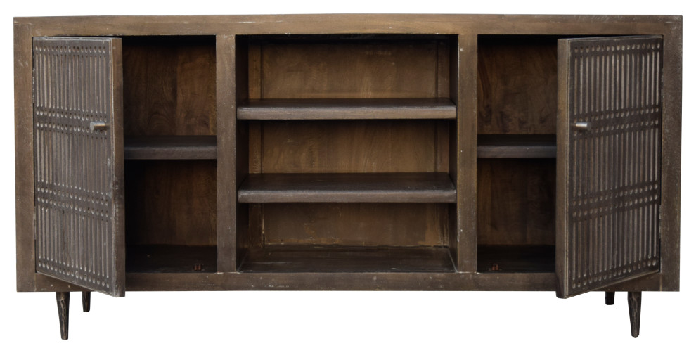 Sarah 2 Door Media Cabinet Mango Solid Wood Antique Brown Finish on Forged Iron   Midcentury   Entertainment Centers And Tv Stands   by HedgeApple  Houzz