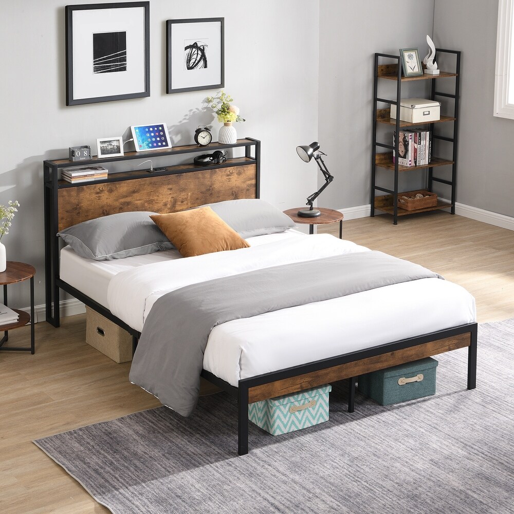 Queen Size Modern Style Metal Platform Bed Frame with Footboard and Wooden Headboard with USB LINER Large Under Bed Storage