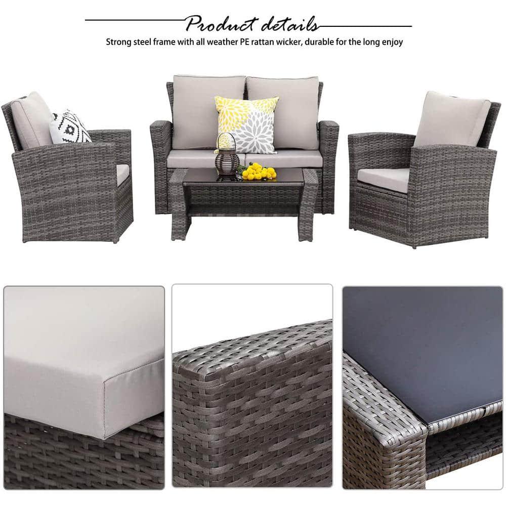 SUNVIVI 4Piece PE Rattan Wicker Outdoor Patio Furniture Set in Grey