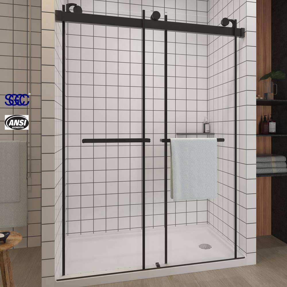 TOOLKISS 58 in. to 60 in. W x 76 in. H Sliding Frameless Shower Door Soft Close in Matte Black with Clear Glass TK19069MB