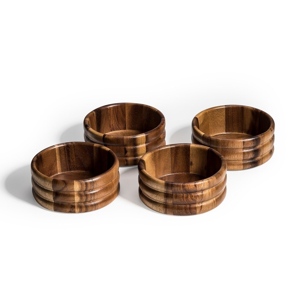 Kalmar Home Acacia Wood Individual Ribbed Salad Bowls Set of 4   6 inch