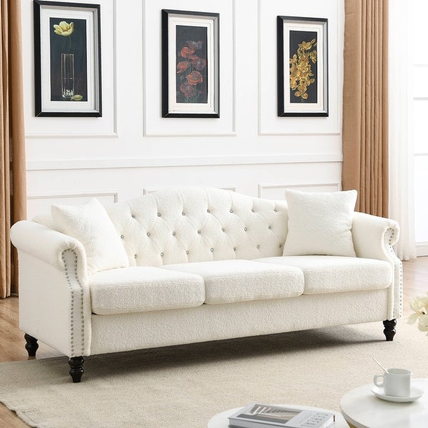 3+1 Combination of Chesterfield 3 Seater Sofa and Chair Modern White Teddy Upholstered Padded Seat with Two Pillows and Nailhead