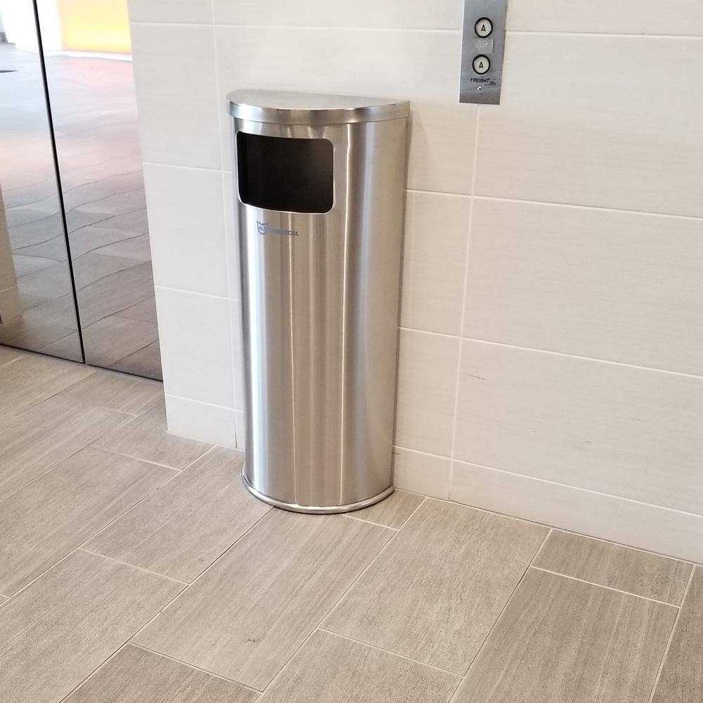 HLS COMMERCIAL 9 Gal. Stainless Steel Trash Can with Inner Bin Half-Round Side-Entry with Wall Mount for Restroom Office Lobby THDC01G09A