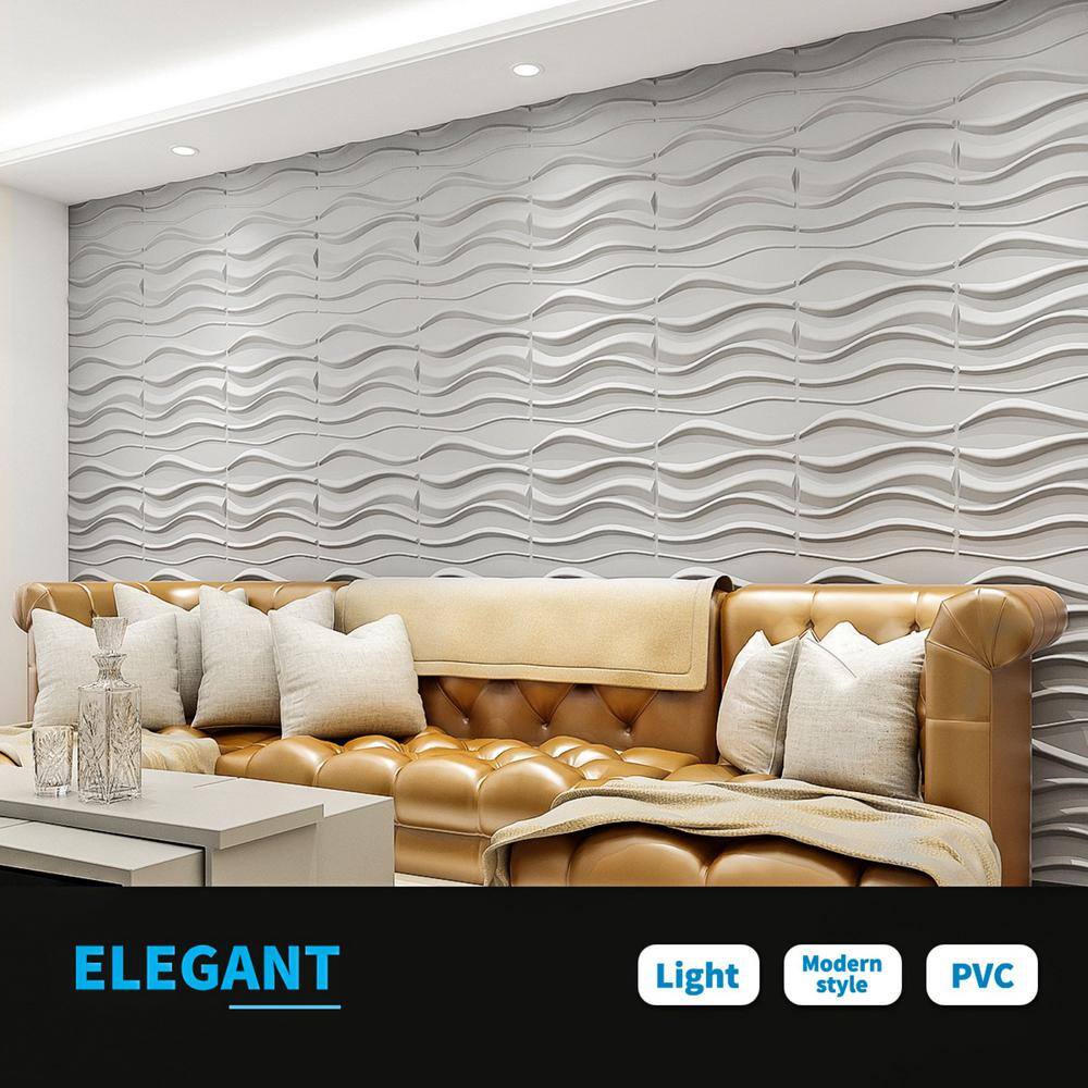 Art3dwallpanels 19.7 in. x 19.7 in. White PVC 3D Wall Panel for Interior Wall Decor Wavy Textured Tile (32 sq.ftbox) A10hd531