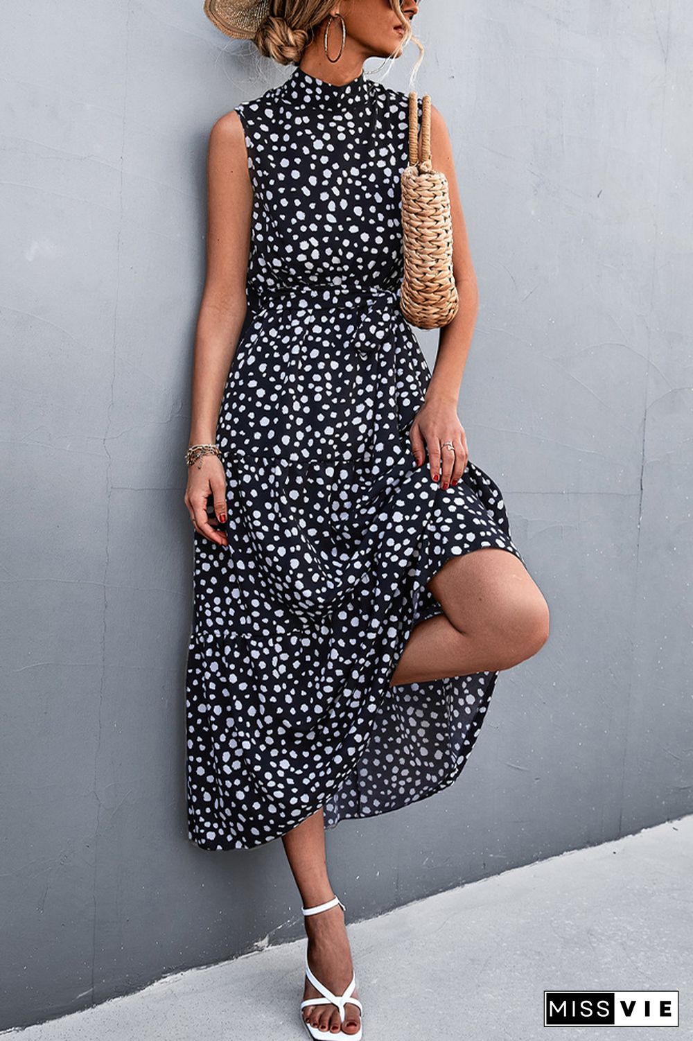 Sleeveless Leopard Printed Long Dress With Belt Wholesale