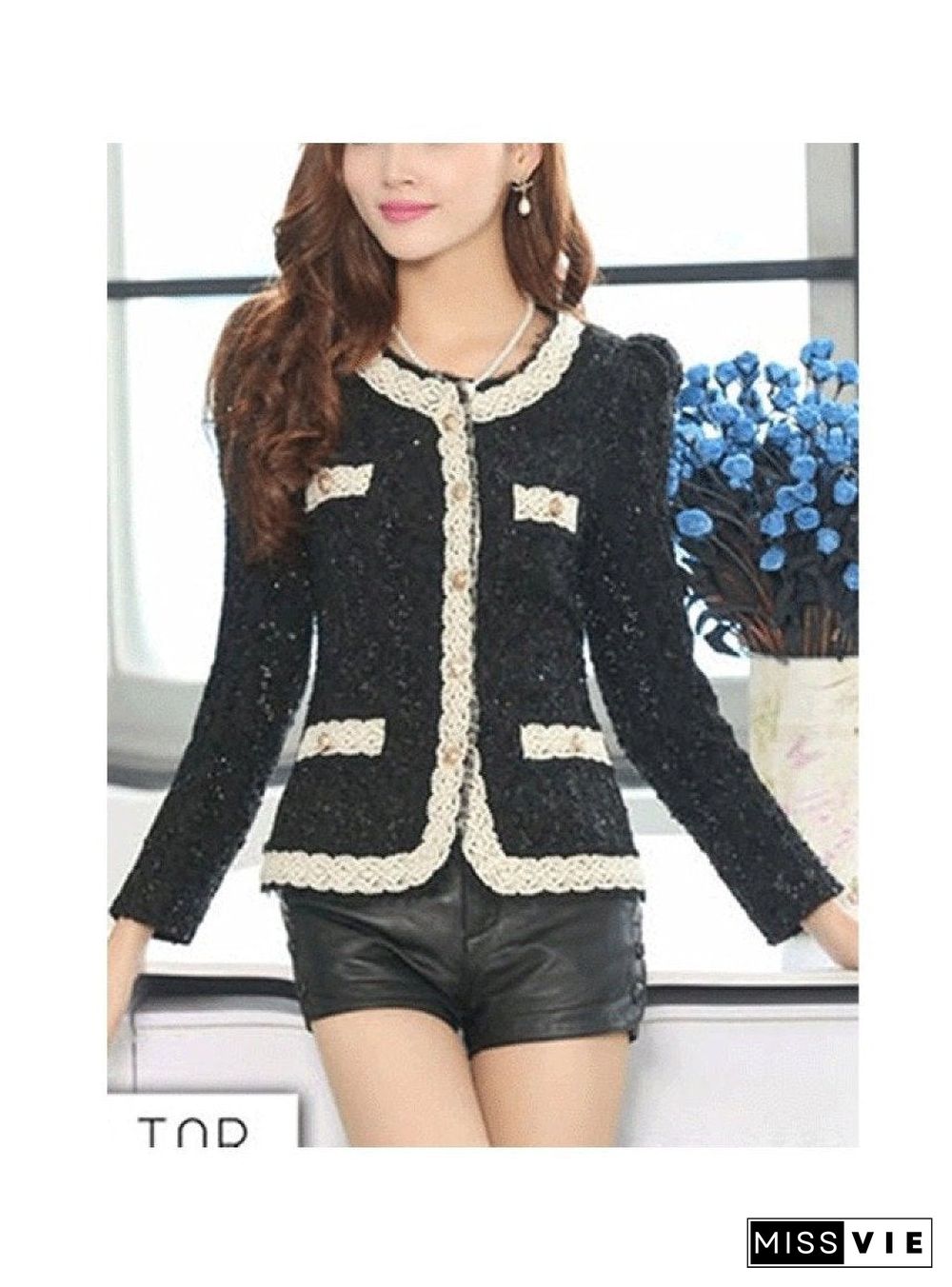 Collarless Contrast Trim Decorative Lace Single Breasted Plain Blazers