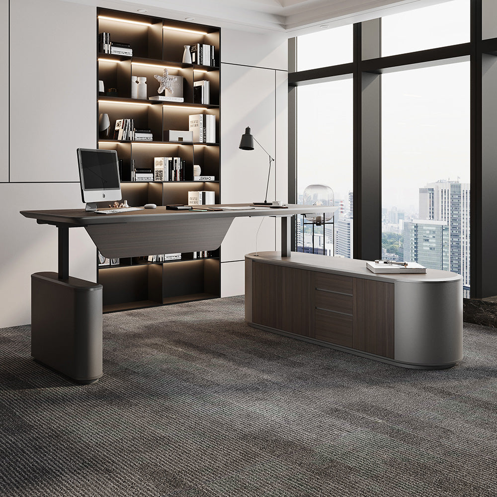 LUCA Sit & Stand Executive Desk with Electric Lift and Reversible Return 240cm - Hazelnut & Grey