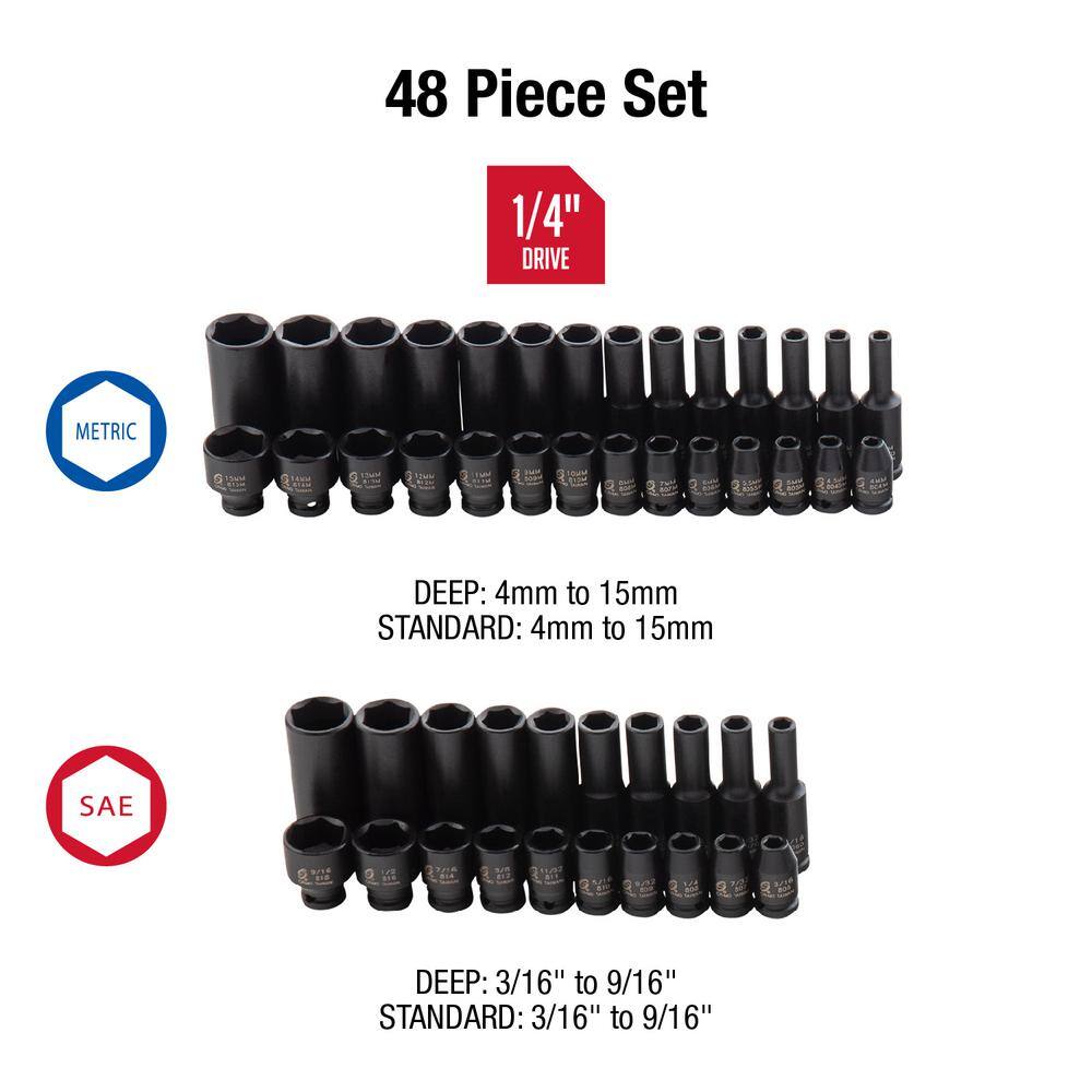 SUNEX TOOLS 14 in. Drive SAE and Metric Impact Socket Set (48-Piece) 1848