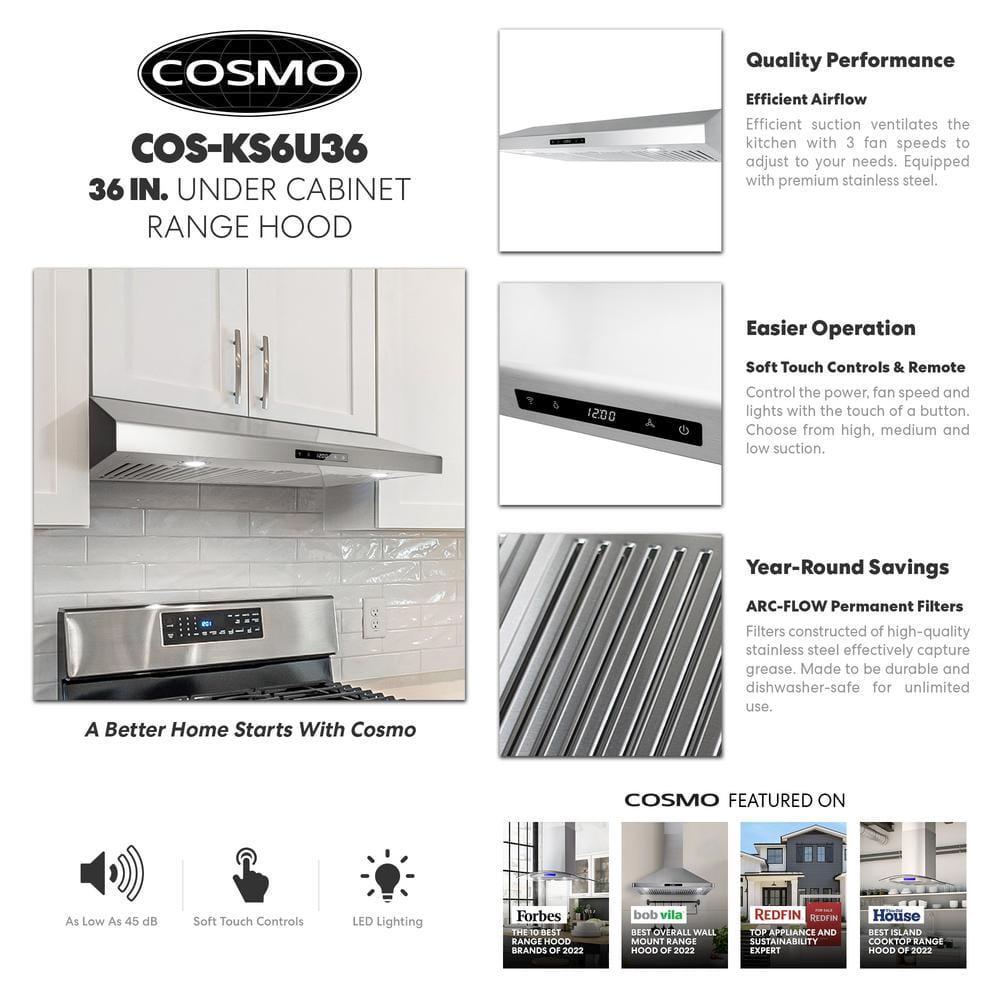 Cosmo 36 in 500 CFM Ducted Under Cabinet Range Hood with Digital Touch Display and LED Lights in Stainless Steel