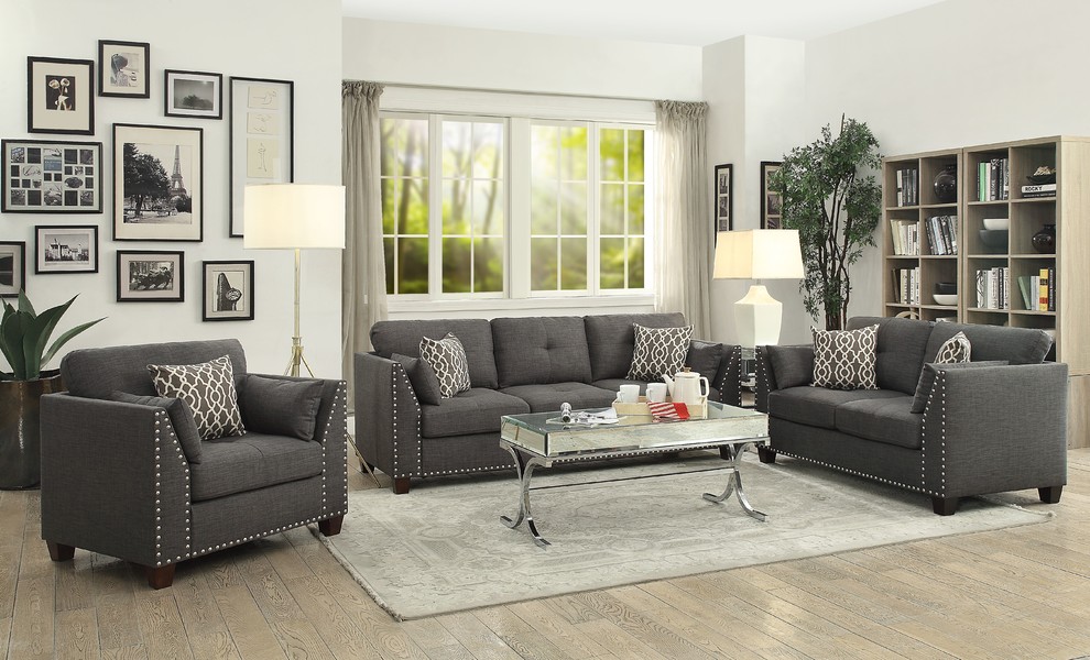 ACME Laurissa Loveseat with 4 Pillows  Light Charcoal Linen   Transitional   Loveseats   by Acme Furniture  Houzz