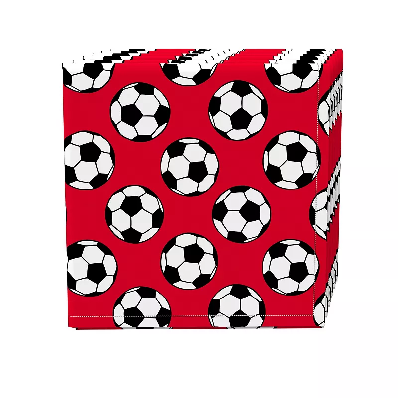 Napkin Set， 100% Polyester， Set of 4， 18x18， Soccer Balls Red