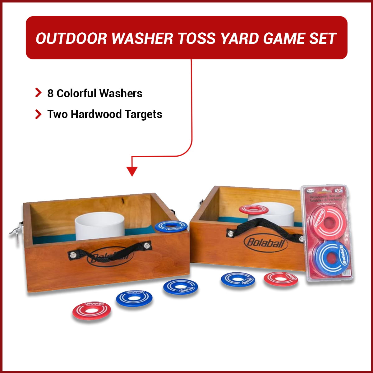 Bolaball Outdoor Washer Toss Yard Game Set Includes 8 Washers and 2 Solid Wood Targets | Indoor or Outdoor Backyard Lawn Game for Kids Adults Family| Perfect for Family Fun and Party