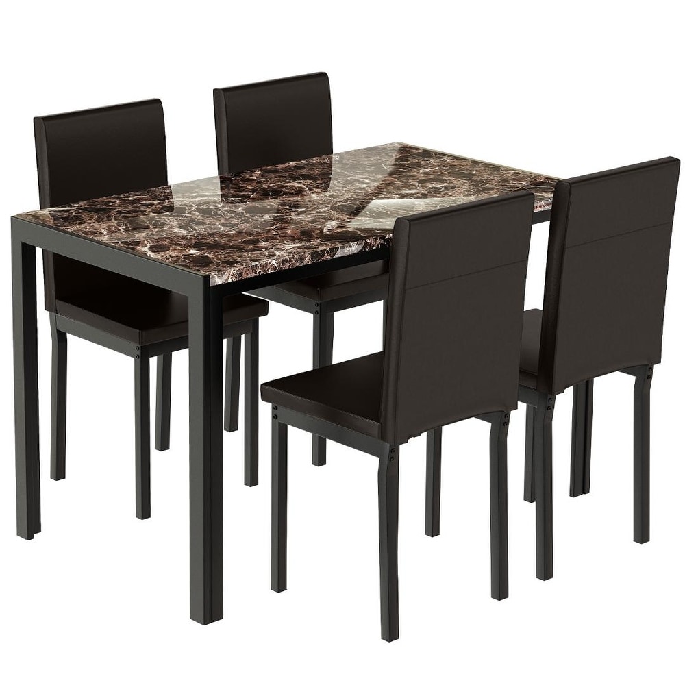 Mieres 5 Piece Dining Table Set with Faux Marble Top and 4 PU Leather Upholstery Chairs for Kitchen Dining Room