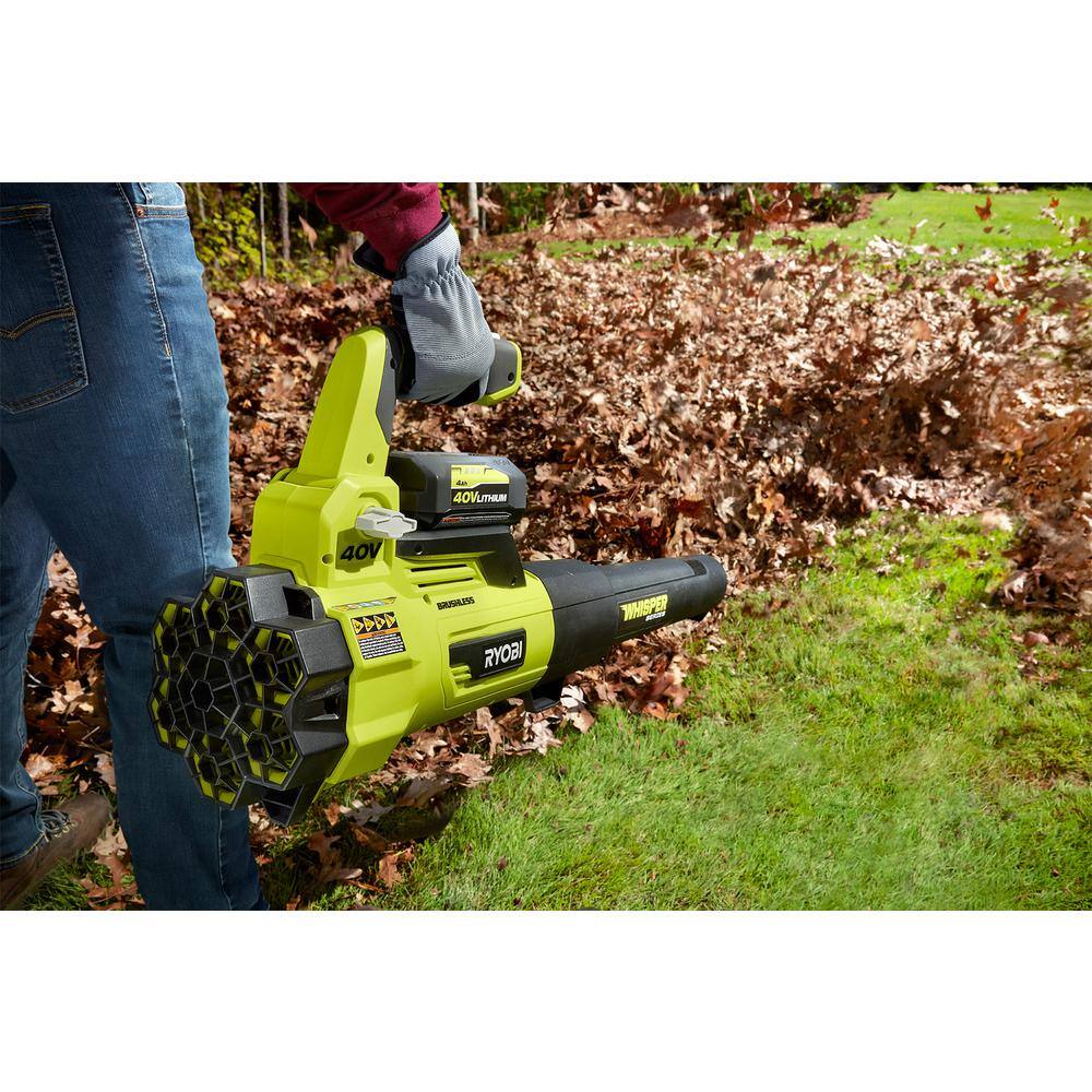 RYOBI RY40470-LB 40V Brushless 125 MPH 550 CFM Cordless Battery Whisper Series Blower and Lawn and Leaf Bag w/ 4.0 Ah Battery and Charger