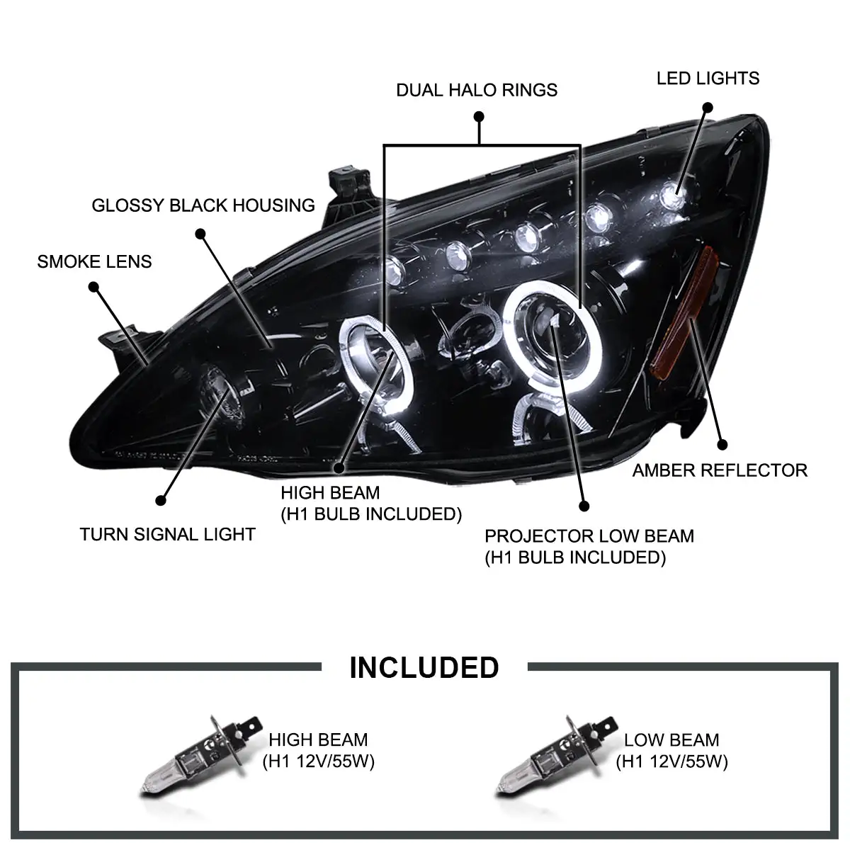 Spec-D Tuning Halo Projector Headlights Glossy Black Housing Smoke Lens Compatible with 2003-2007 Honda Accord 2/4Dr Left + Right Pair Headlamps Assembly