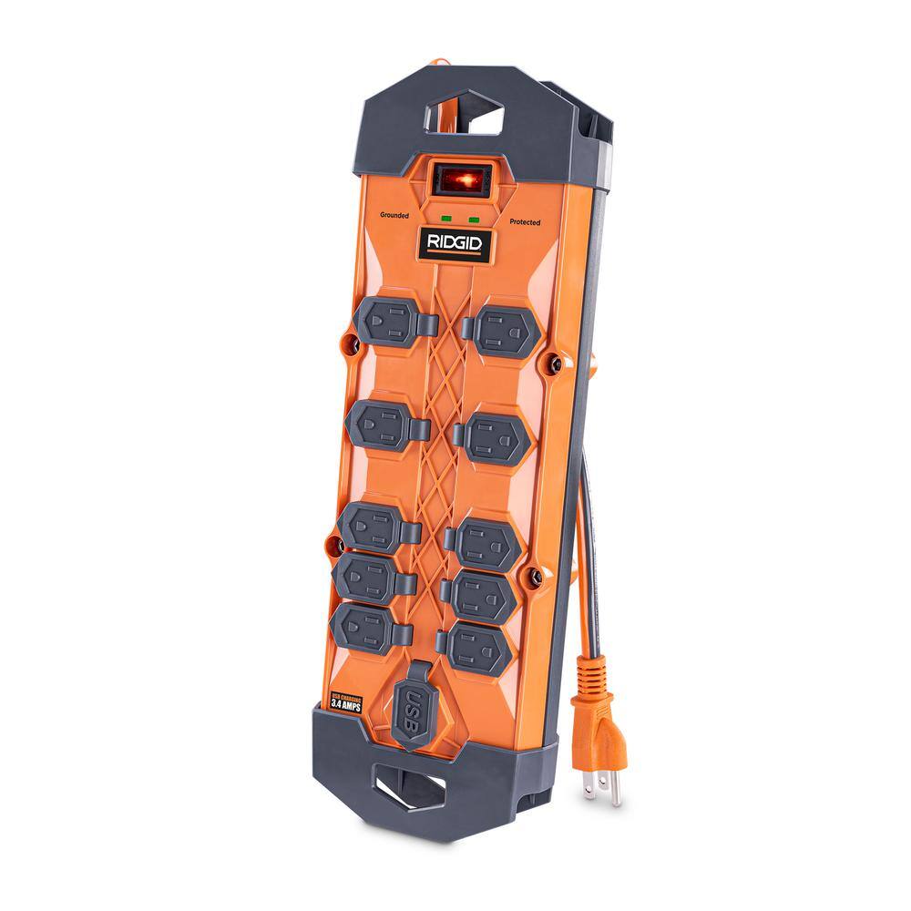 RIDGID 10 ft. Cord 10-Outlet 2 USB-A 4200J Surge Protector RG1010U