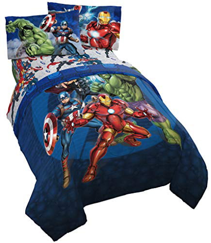 Marvel Avengers Blue Circle 4-Piece Twin Bed Set， 100% Microfiber， Blue， Kid's Superhero Bedding