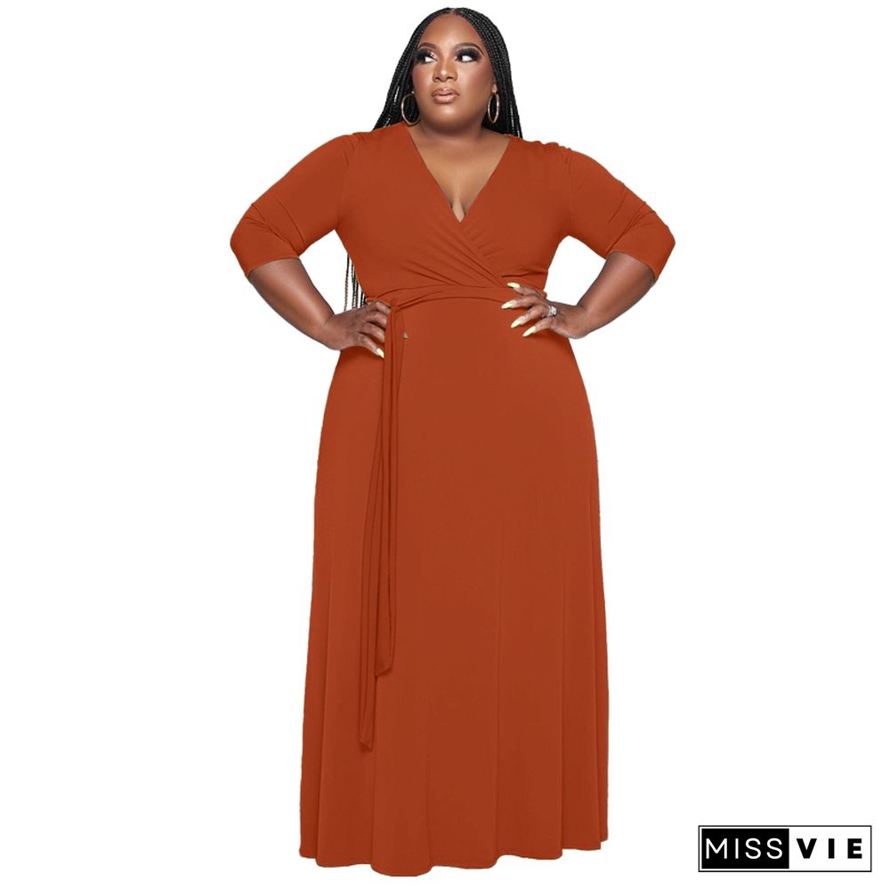 V Neck Sashes Loose Casual Plus Size Dresses