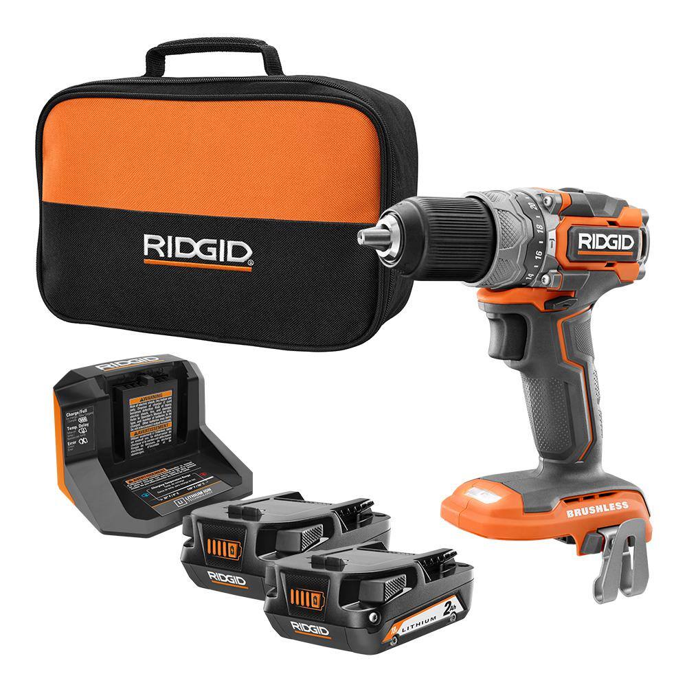 RIDGID 18V SubCompact Brushless 12 in. Hammer Drill Kit with (2) 2.0 Ah Batteries Charger and Bag R8711K