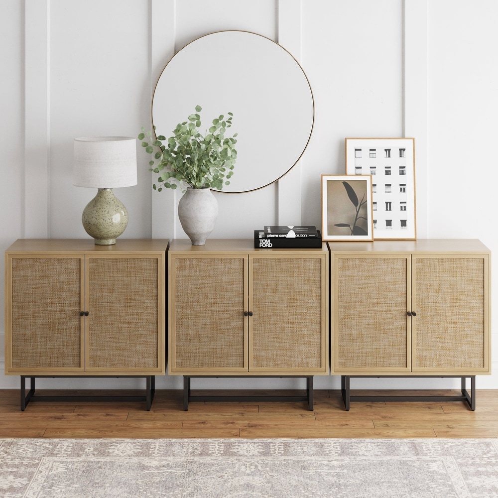 Nathan James Kova Natural Cane Rattan Doors Accent Cabinet with Metal Base and Adjustable Shelf