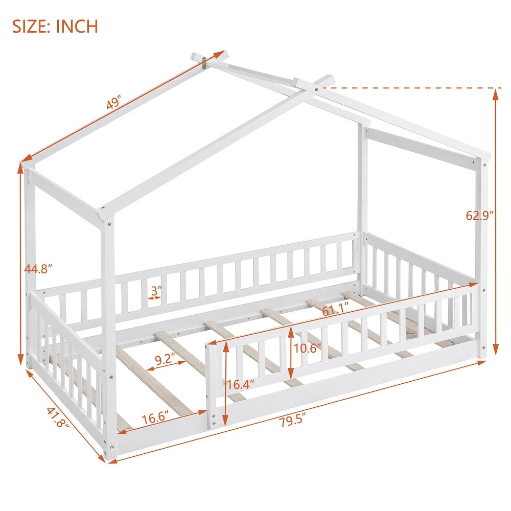 Twin Size House Bed for Kids  Floor Bed with Safety Guardrail  Wooden Daybed Frame with Roof   Slats Support for Boys or Girls