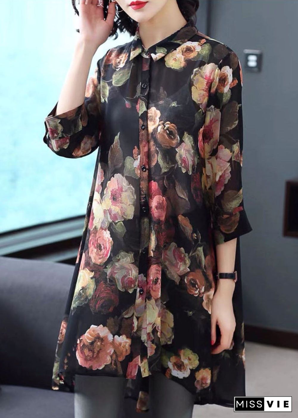 Black Print Chiffon Long Shirt Turn-down Collar Button Bracelet Sleeve