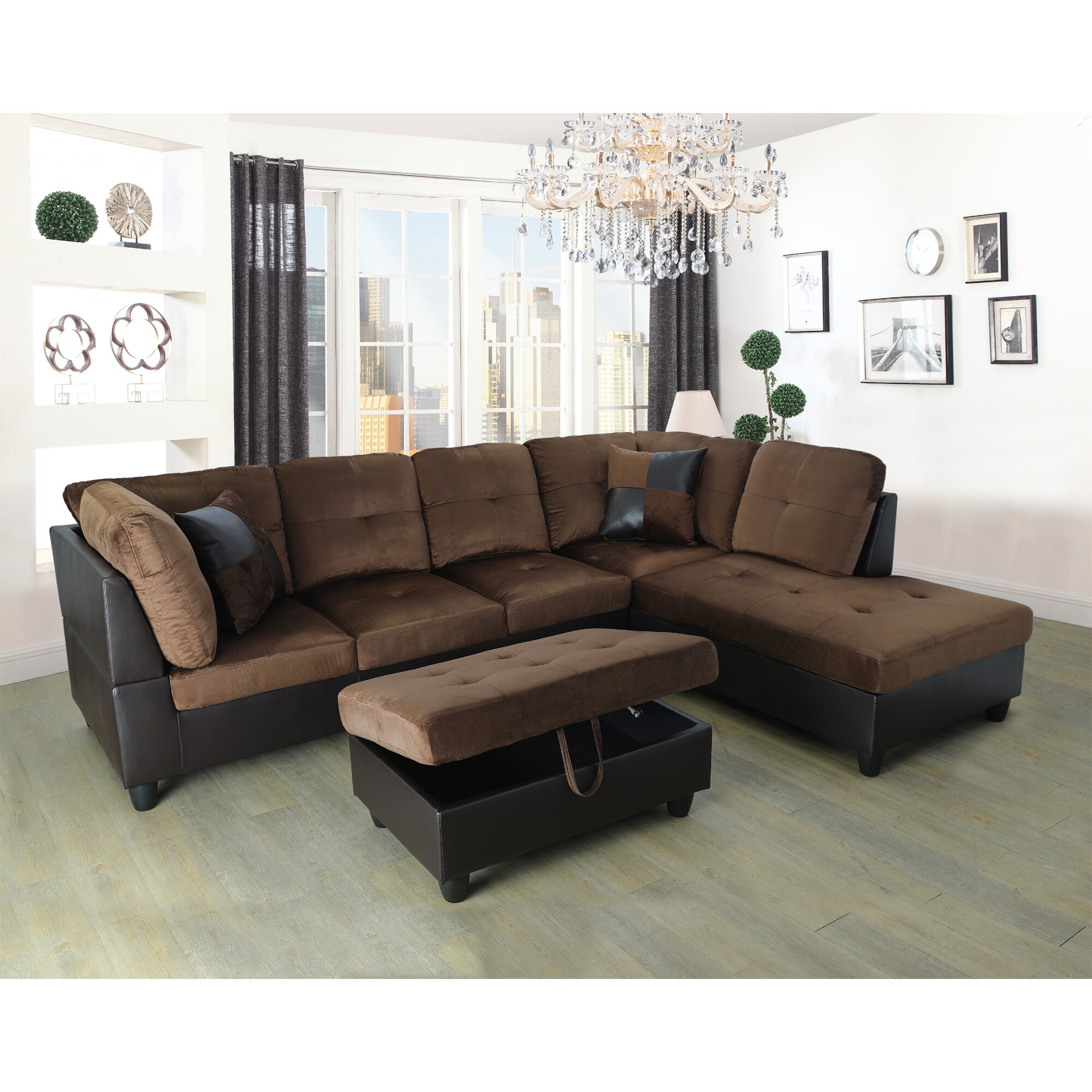 3-Pieces Sectional Sofa Set，Right Facing，Chocolate Microfiber(107B)