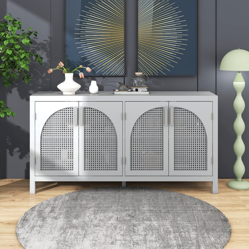 Large Storage Space Sideboard with Artificial Rattan Door and Metal Handles for Living Room   Entryway