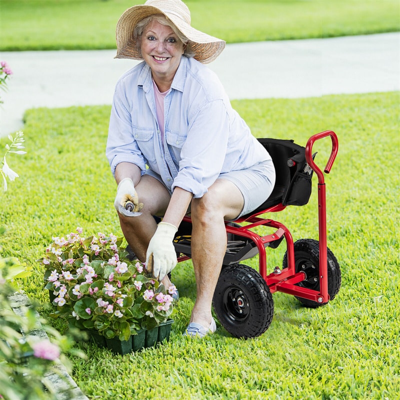 Rolling Garden Cart Height Adjustable Garden Scooter 360 Swivel Workseat with Cushions Tool Tray Storage Basket