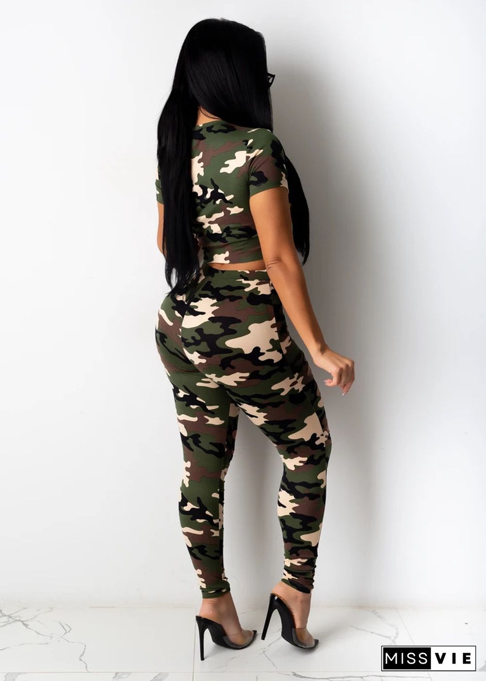 New Camo Torn Short Sleeve T-shirt Casual Pants Two pieces Set