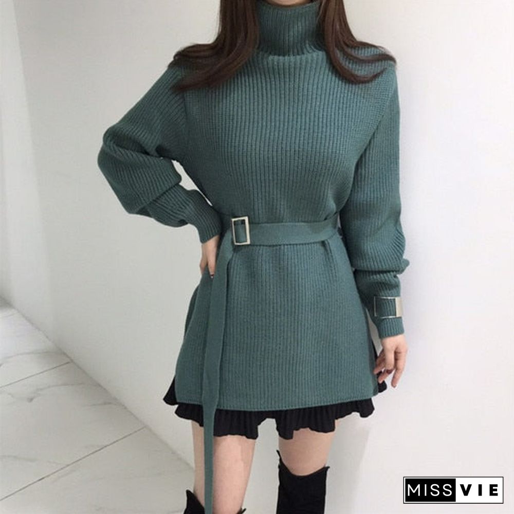 elegant tunic belted sweater dress women fashion turtleneck long sleeve knitted dress sexy split side mini dress vestidos