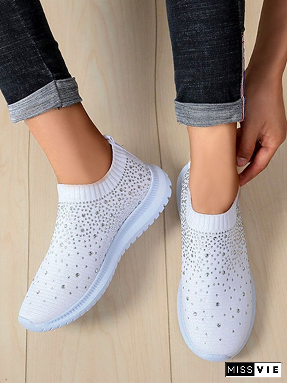 Rhinestone Design Portable Overfoot Lightweight Flyknit Sneakers