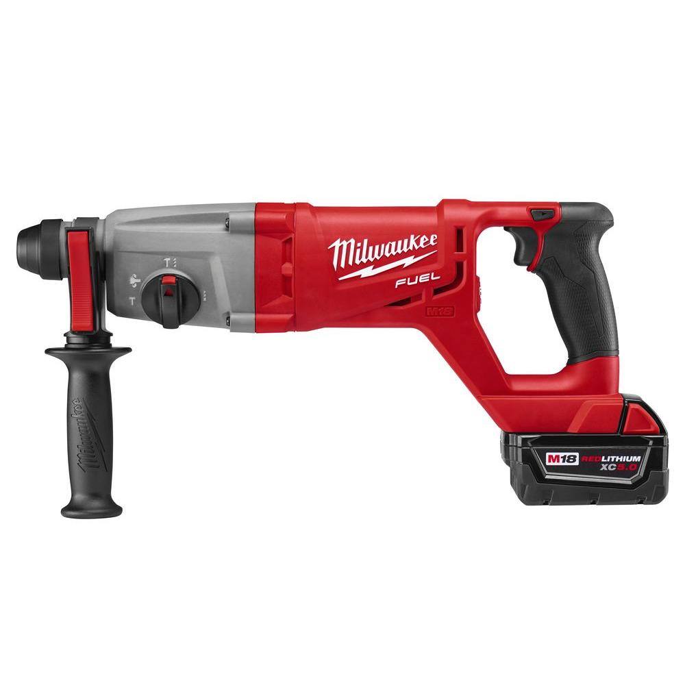 MW M18 FUEL 18V Lithium-Ion Brushless Cordless 1 in. SDS-Plus D-Handle Rotary Hammer Kit w Two 5.0Ah Batteries  Case 2713-22