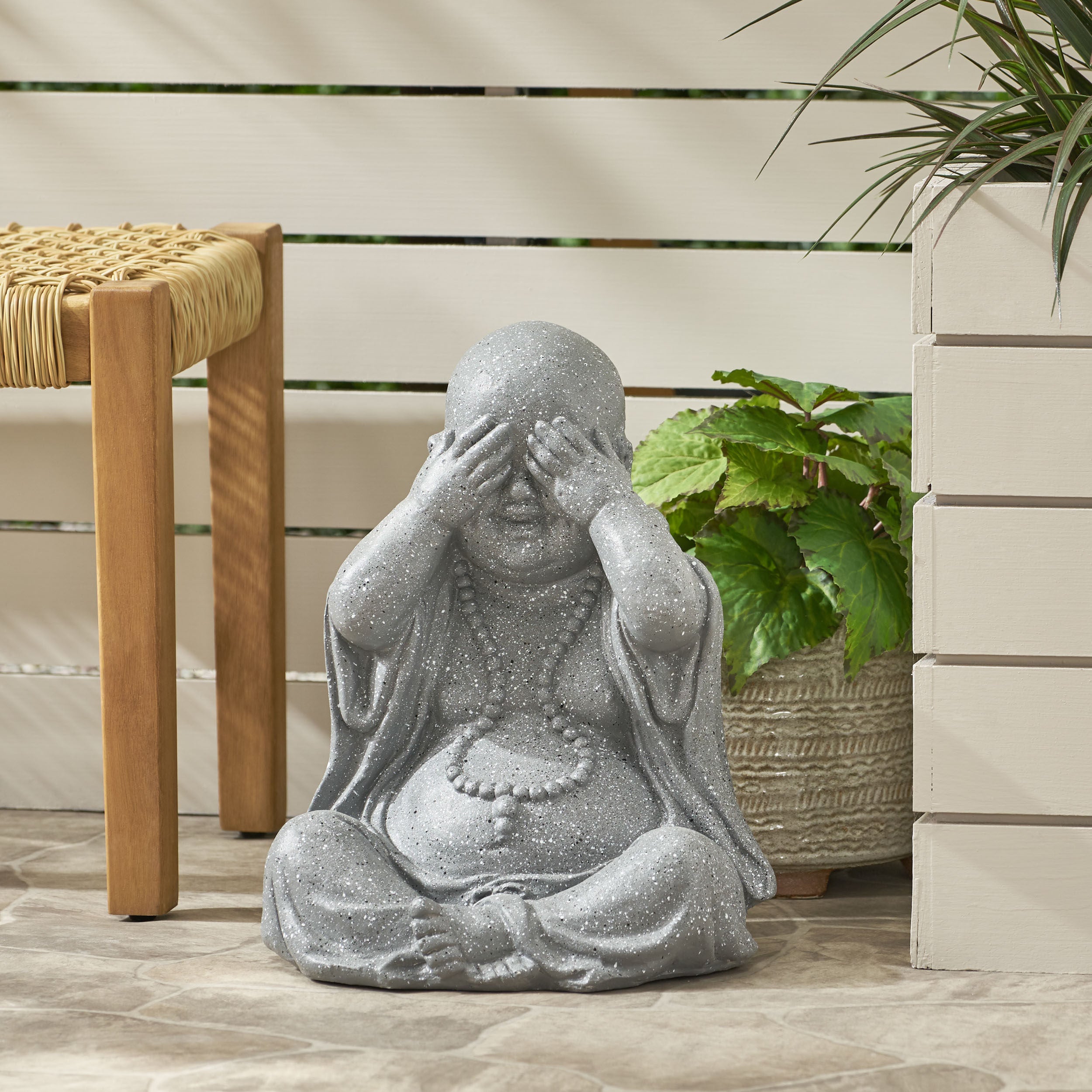 Conneaut Outdoor See No Evil Monk Garden Statue, Stone Gray