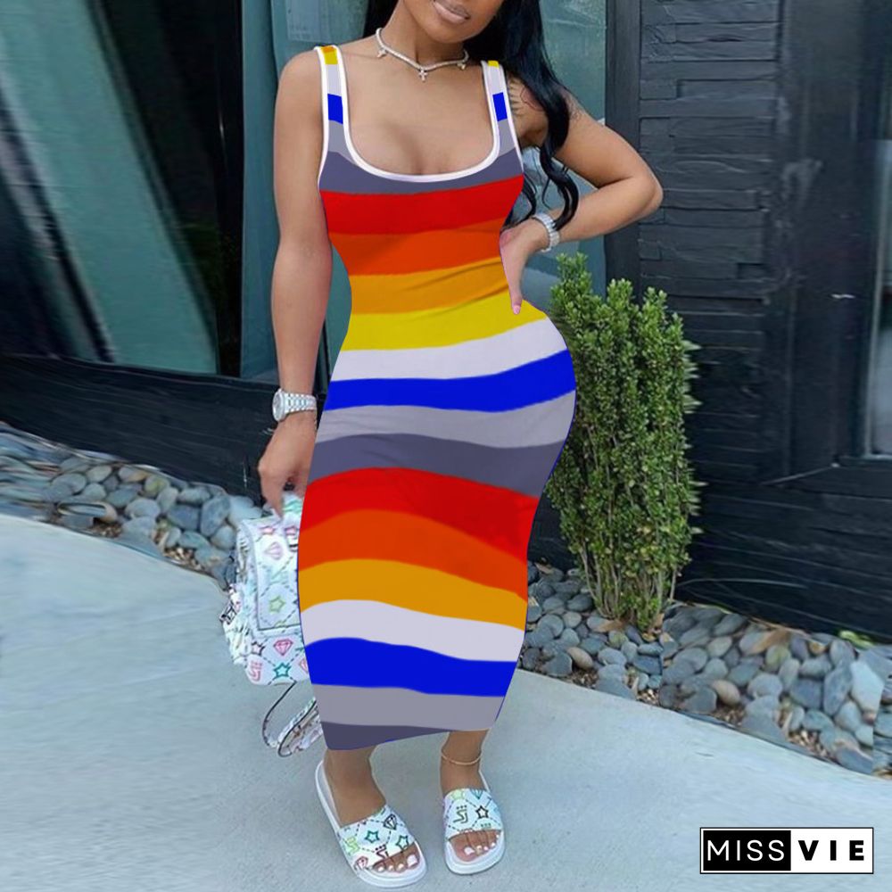 Summer Contrast Color Striped Sleeveless Bodycon Long Dress