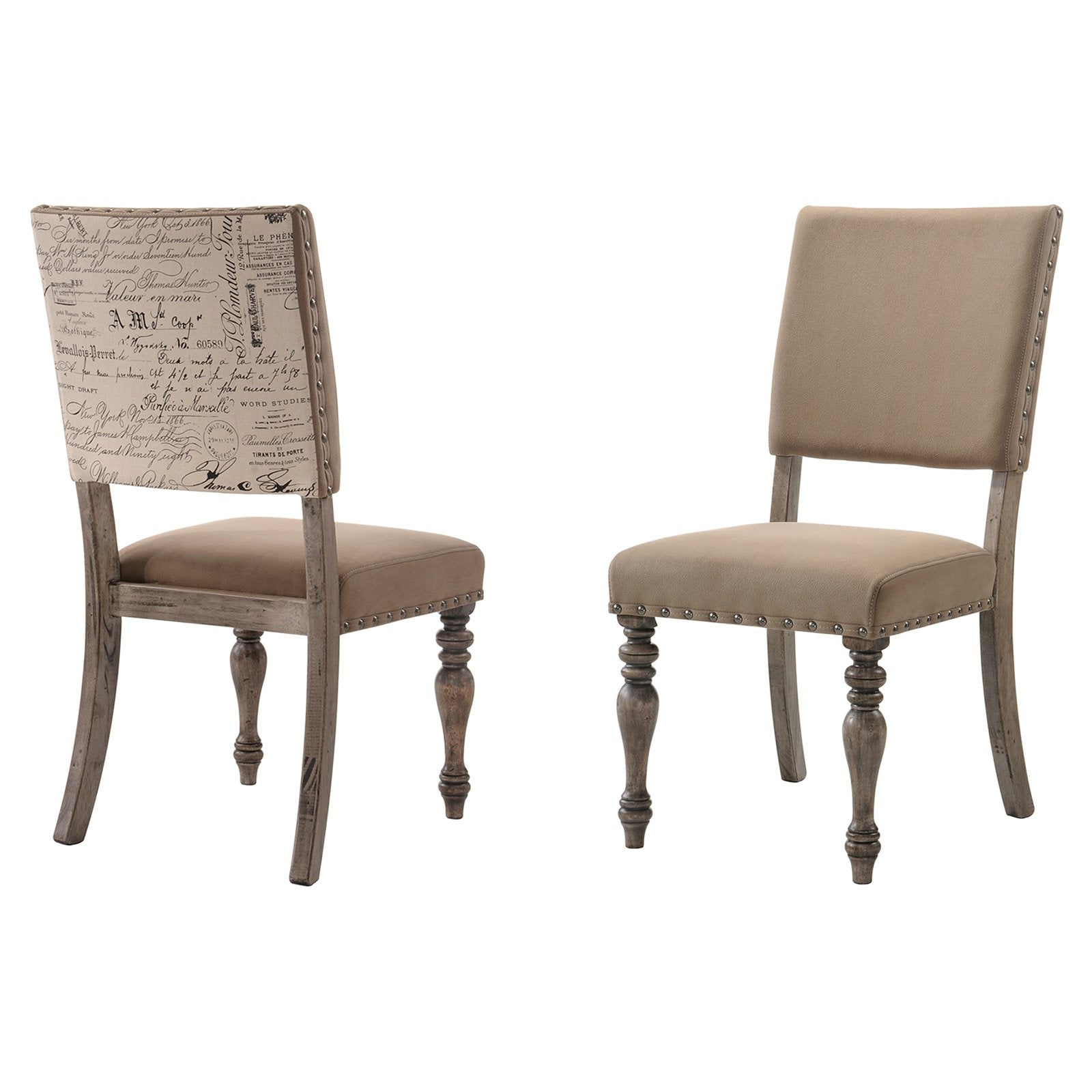 Roundhill Furniture Birmingham Script Printed Finish Dining Chair with Nail Head， Set of 2， Driftwood