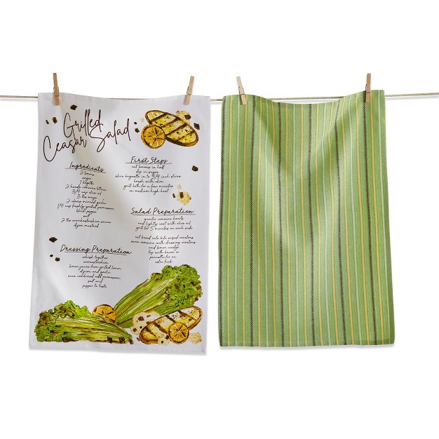 Tagltd Set Of 2 Caesar Salad Receipe With Coordinating Green Pinpoint Stripe Cotton Kitchen Dishtowels 26l X 18w In Set In Crate For Gift Giving