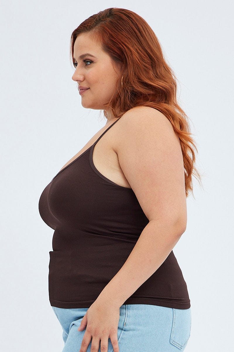Brown Singlet Top Scoop Neck Seamless