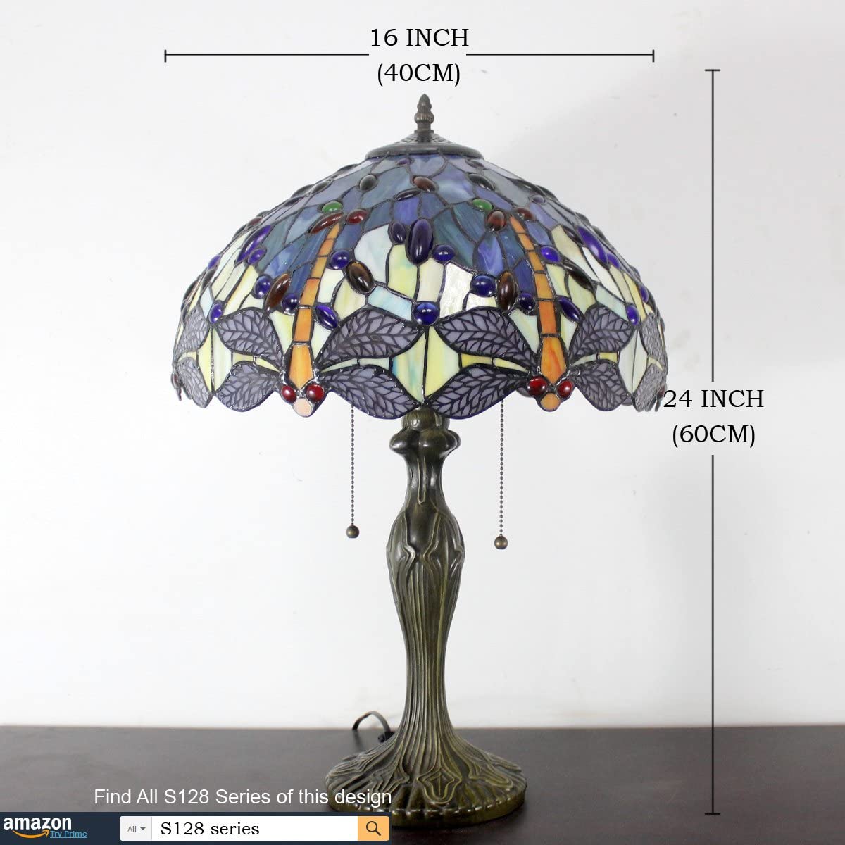 GEDUBIUBOO  Lamp Stained Glass Bedside Table Lamp Navy Blue Yellow Turquoise Dragonfly 16X16X24 Inch Desk Light Metal Base Decor Bedroom Living Room  Office S128 Series