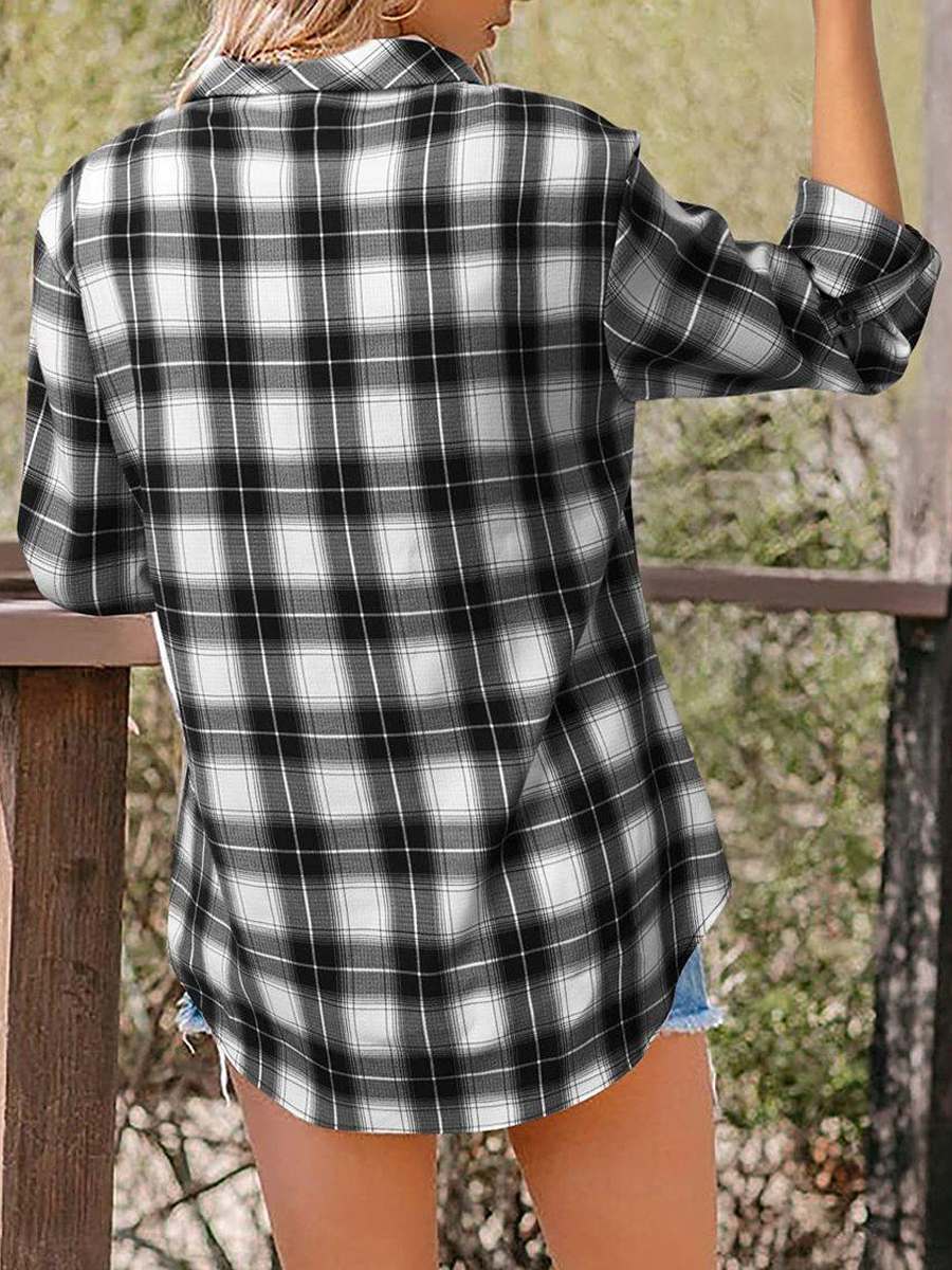 Casual Check V-Neck Long Sleeve Blouse