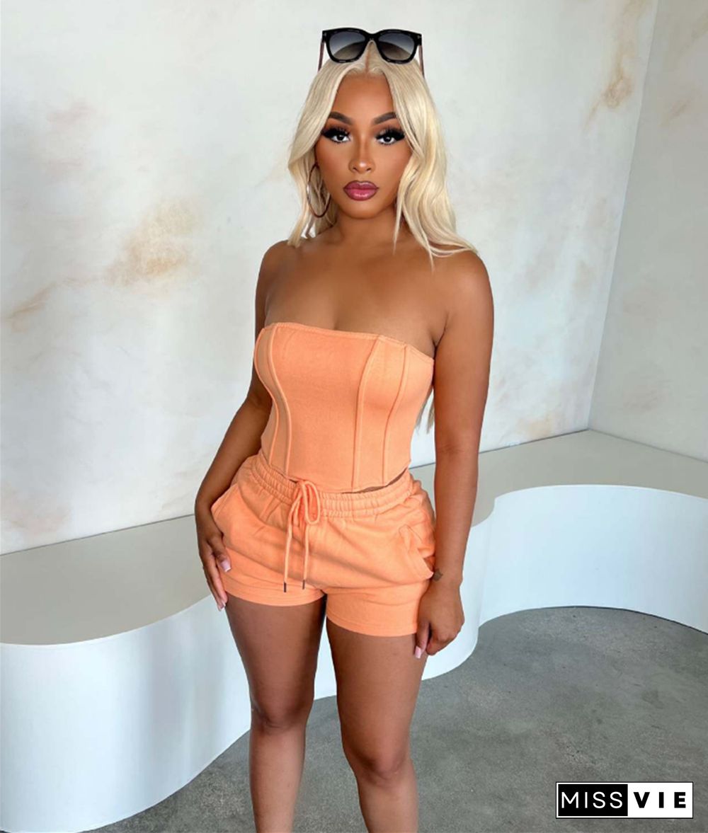 Solid Color Strapless Crop Tops and Shorts 2 Piece Set